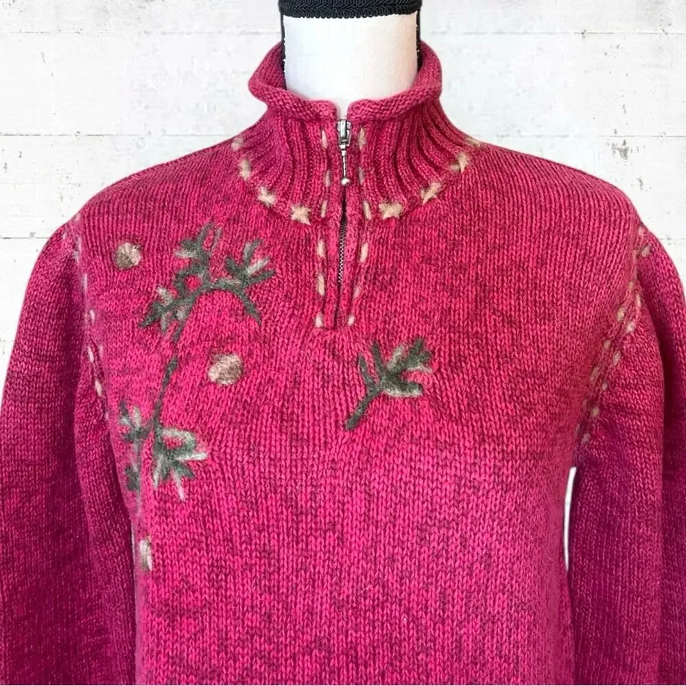 VTG Y2K 90s Coldwater Creek 1/4 Zip Fall Embroidered Sweater Size M Cabincore